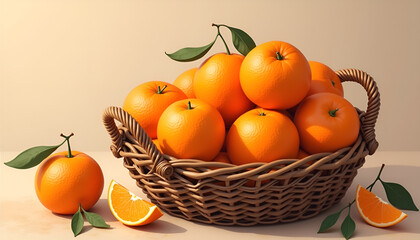 Basket of mandarins with green leaves and slices for New Year and Christmas celebration, warm light