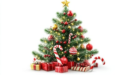 christmas tree with lights and ornaments isolated on white