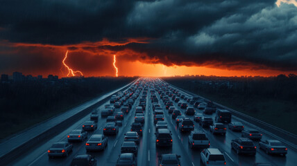 Heavy traffic on a highway under dramatic storm clouds and lightning striking during a downpour at sunset