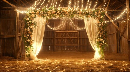 Romantic Wedding Decor in an Enchanting Countryside Barn with Twinkling Lights and Rustic Flair, Symbolizing Love and Togetherness