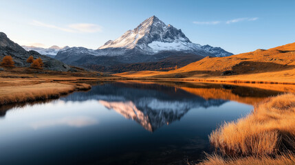 Fototapeta premium Scenic landscape with a snow-capped mountain reflecting in a calm lake surrounded by autumn-colored grasslands under a clear blue sky.