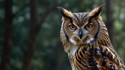 Fototapeta premium an owl with piercing yellow eyes and a captivating gaze. Its feathered face is framed by a halo of soft, brown feathers, and its distinctive ear tufts add to its regal appearance.
