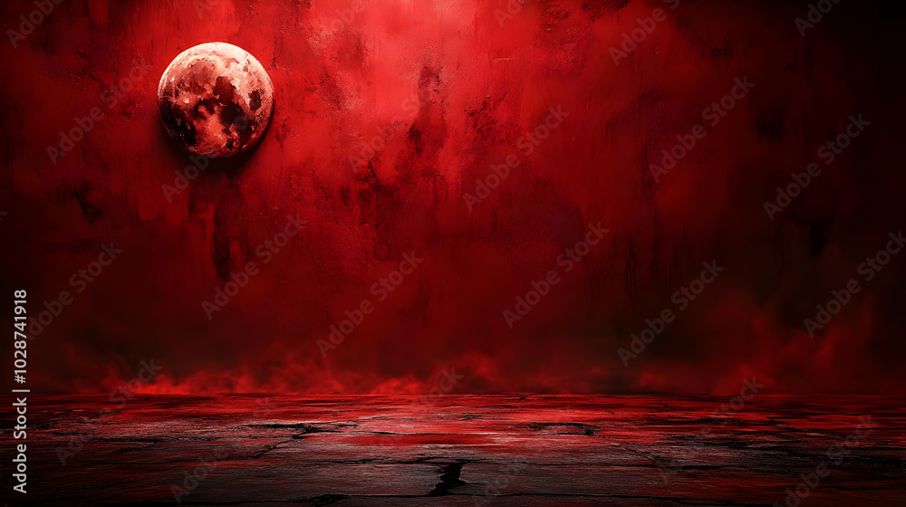 Canvas Prints A dramatic red landscape featuring a large moon, evoking a mysterious atmosphere.