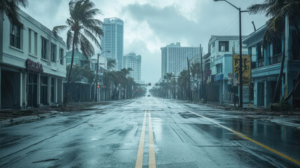 Obraz premium Abandoned urban street with heavy rain and wind, showing damaged palm trees, reflecting a post-storm atmosphere in a deserted city