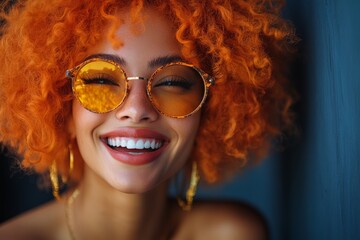 Obraz premium Woman with orange hair is smiling and wearing sunglasses. vibrant and fashionable woman with orange hair, wearing sunglasses and laughing heartily while posing for camera against dark blue background