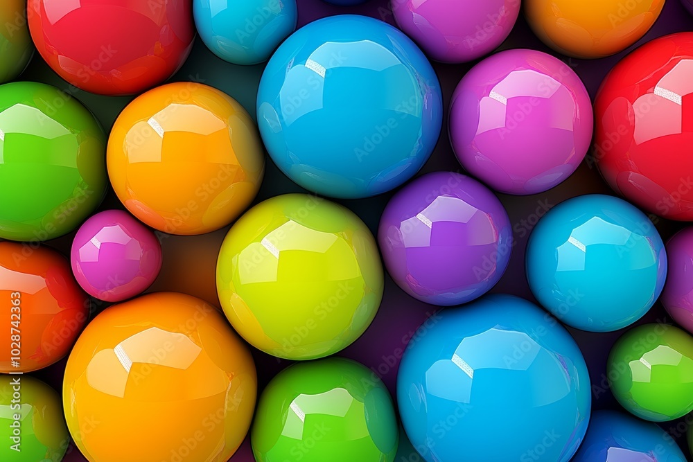 Poster Colorful array of balls in various shades of blue, green, vibrant and colorful bubble game background with an array of large, round balls in different colors arranged side by side on the screen.
