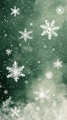Gordijnen Delicate white snowflakes gently falling on a lush olive green background, creating a serene winter wonderland atmosphere