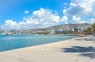 Kusadasi, Turkey - 12.09.2024: Beach promenade in the Turkish coastal town of Kusadasi.