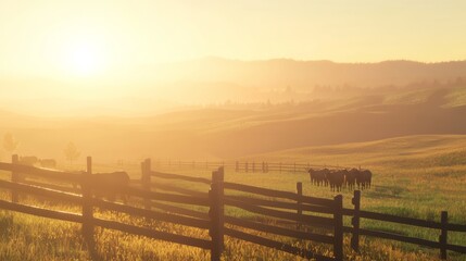 Golden Sunrise over American Countryside: Idyllic Scene with Grazing Cattle and Rustic Wooden Fence in Ultra-Detailed, Cinematic Light