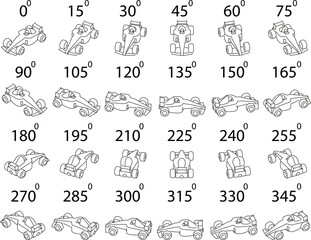 A set of 24 racing cars in outline. Rotation of the sport car with pilot by 15 degrees for animation.  