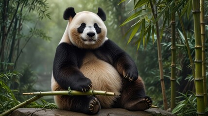 Obraz premium a giant panda perched on a bamboo stalk in a dense forest. Its black and white fur contrasts beautifully against the lush green foliage.