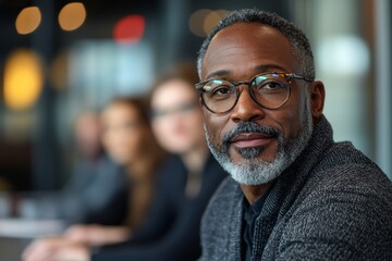 Fototapeta premium Man with glasses is smiling at the camera. He is wearing a black jacket. senior Black executive engages in a discussion about risk transfer strategies led by a middle-aged Caucasian team leader.