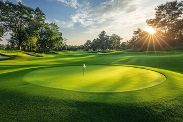 Golf course with a green at the end with a hole pin