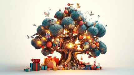 3d illustration abstract chirstmas tree with ornmanets and lights