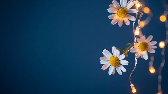 Chamomile blossoms attached to a string of fairy lights, isolated on a navy blue background with twinkling effects