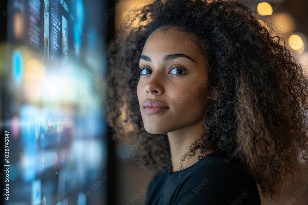 Wall mural young businesswoman attending a virtual meeting in an office, generative ai