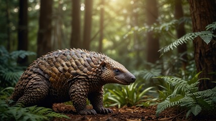 Obraz premium a pangolin with its scales gleaming in the sunlight. The pangolin's long, curled tail and powerful claws suggest its agility. Its small head and piercing eyes add to its enigmatic appearance.
