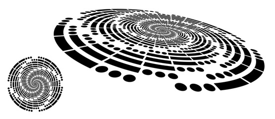 SOS Morse code in circles. Circle abstract background with dynamic lines and dots in spiral. Black shape on a white background. Circle with normal view and perspective. © Mykola Mazuryk