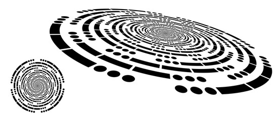 SOS Morse code in circles. Circle abstract background with dynamic lines and dots in spiral. Black shape on a white background. Circle with normal view and perspective.