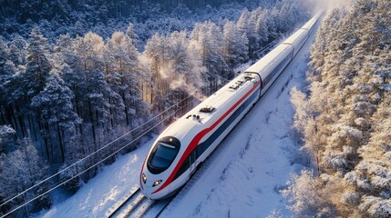 a high speed train driving on a snowy forest in winter