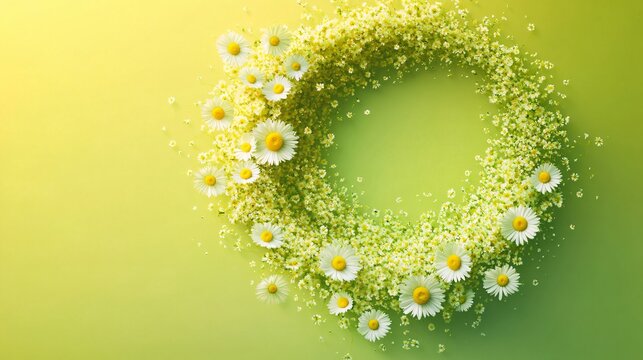Chamomile flowers creating a spiral swirl, isolated on a gradient green-to-yellow background with glowing effects