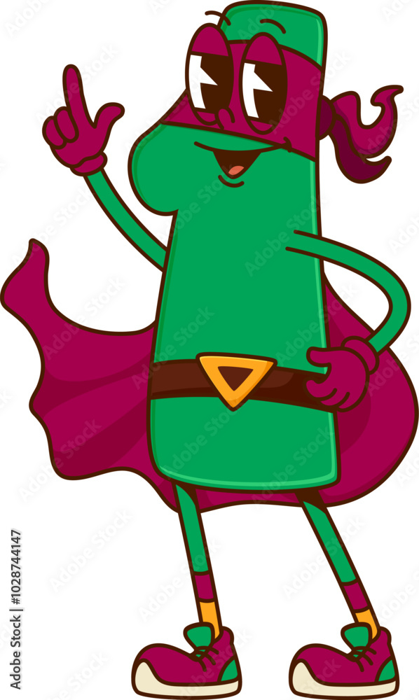 Poster math number one superhero groovy character. isolated cartoon vector playful retro digit 1 personage 