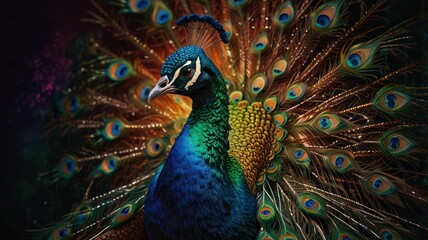 Fototapeta premium A peacock stands in the middle of a vibrant garden, its colorful feathers gleaming in the sunlight. Its graceful neck arches as it moves among the flowers, and its tail feathers fan out beautifully.