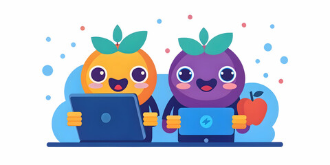 Fruity Market Analysis Session: Two Insightful Fruits Analyzing Market Trends on Digital Tablets with Soft Abstract Bokeh Background Emphasizing Focus and Teamwork in Photo Stock Concept