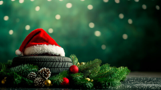 Festive Christmas Background with Santa Hat on Car Tires, Pine Cones Decoration and Copy Space - Seasonal Automobile Holiday Concept