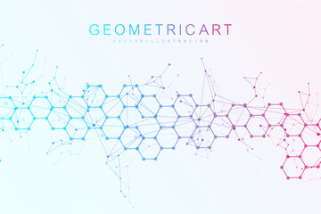 Fototapeta premium Modern scientific background with hexagons, lines and dots. Wave flow abstract background. Molecular structure for medical, technology, chemistry, science. Vector illustration
