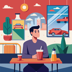 a man sits at a table in a cafe in front of him vector art