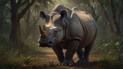 Fototapeta premium a rhinoceros with a strong body and thick gray skin that conveys a sense of strength and resilience. Sunlight filtered through the dense leaves, casting mottled shadows on the creature's large body.