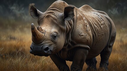 Fototapeta premium a rhinoceros with a strong body and thick gray skin that conveys a sense of strength and resilience. Sunlight filtered through the dense leaves, casting mottled shadows on the creature's large body.