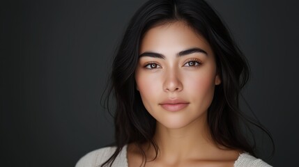 Fototapeta premium Young woman with long dark hair and natural makeup gazes thoughtfully at the camera against a dark background