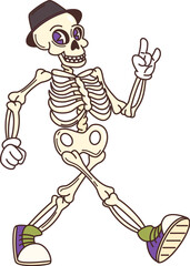 Groovy Halloween skeleton cartoon character walking in hipster shoes, vector retro comic. Funky groovy dead skeleton with ILY I love You hippie sign gesture and happy skull smile for Halloween holiday