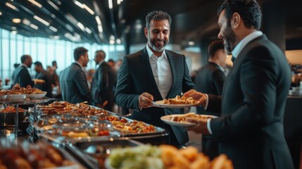 Two men in suits enjoying corporate buffet, serving themselves delicious food. Formal dining experience. Concept of business, food, business lunch