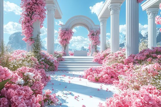 Fototapeta A dreamy, pastel-colored floral scene set in an ancient Greek garden with white columns and arches. 