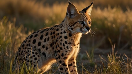 Fototapeta premium a serval, its distinctive spotted fur blending perfectly with the golden hues of the savanna. The setting sun casts a warm glow over the scene.