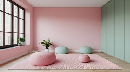 Modern pastel interior with soft seating and natural light