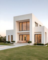 Modern minimalist house with expansive lawn and glass facade