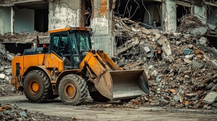 Fototapeta premium Yellow Excavator Clearing Debris from a Demolished Building