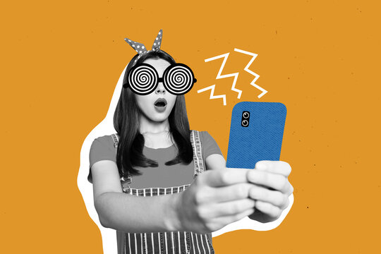 Creative poster collage of amazed retro female device brainwashing propaganda opinion manipulation unusual fantasy billboard comics zine