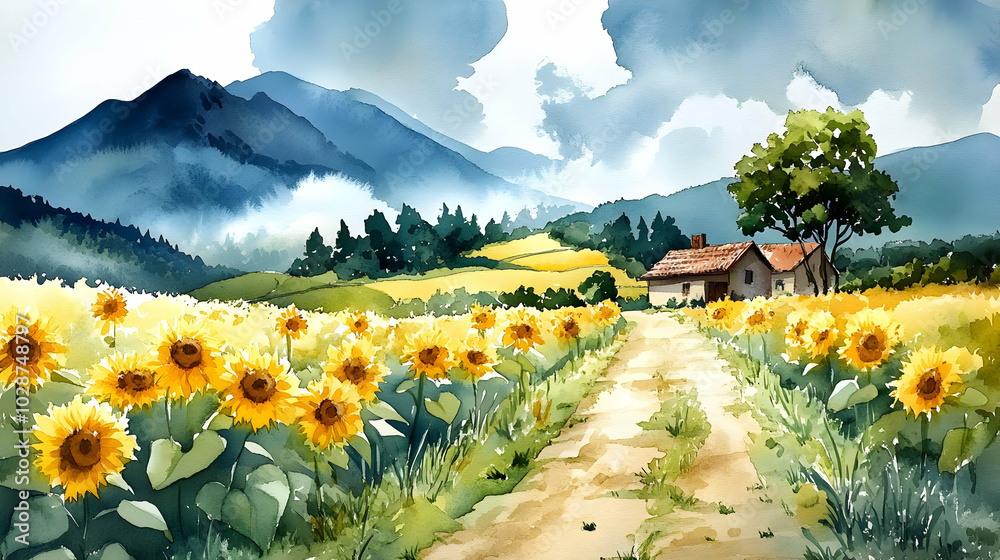 Poster Vibrant sunflower field leading to a quaint countryside home.