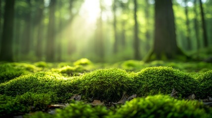 In the forest, moss grows on tree trunks and roots, and there is sunlight shining through the trees in an endless green pine forest. 