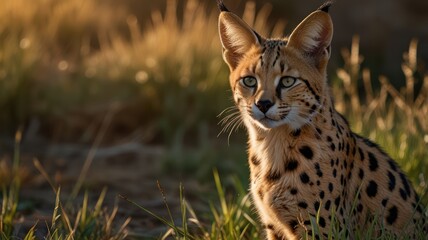 a serval, its distinctive spotted fur blending perfectly with the golden hues of the savanna. The setting sun casts a warm glow over the scene.