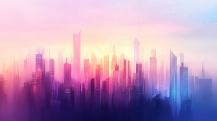 Fototapeta premium Futuristic cityscape with vibrant pink and blue hues blending into a dreamy skyline, AI