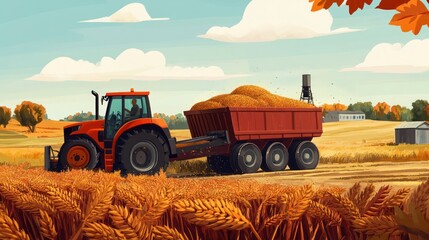 Obraz premium Red Tractor Hauling Grain Through a Wheat Field