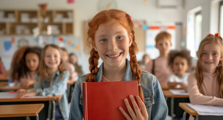 A girl with red hair is holding a red book in front of a group of children