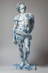Obraz premium Greek full-length porcelain sculpture of a warrior. Serene and elegant facial expression, looking up. Blue fine porcelain floral print on leather. Heavenly and ethereal, resplendent