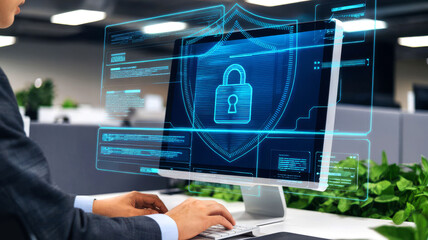 A person working on a computer with a digital security interface, emphasizing cybersecurity in a modern office environment.